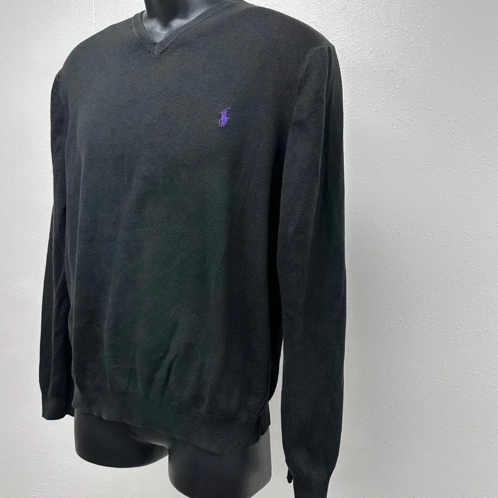 Polo Ralph Lauren Pima Cotton‎ V-Neck Sweater Purple Logo Black L